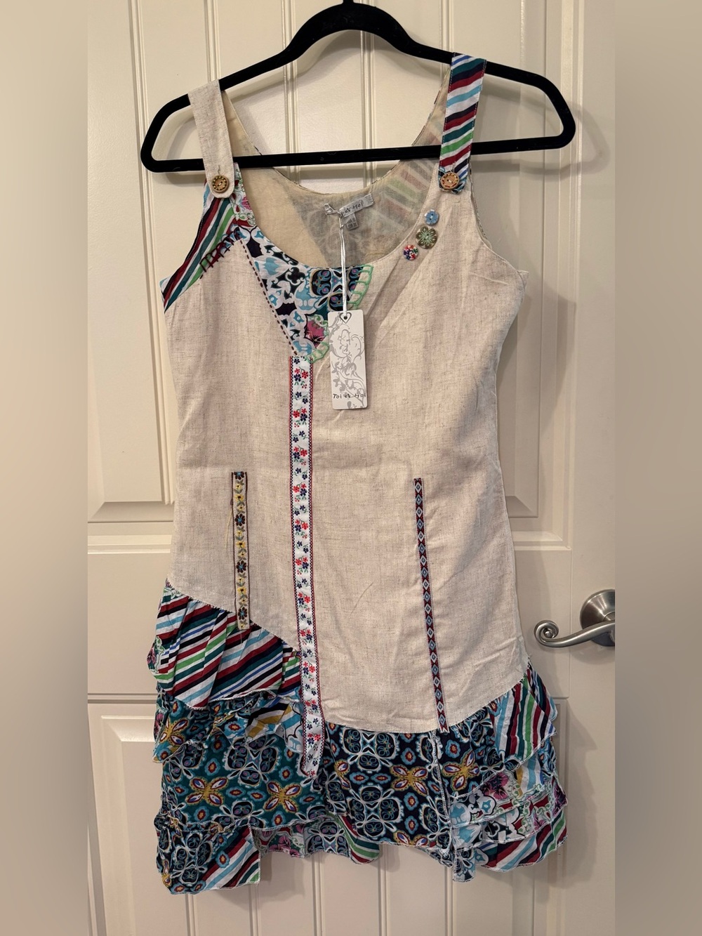 Toi et Moi Cream Linen Dress with Multicolor Embroidery